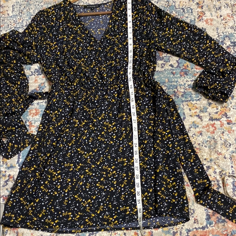 DYNAMITE Black and Yellow Floral Wrap Sundress with Bishop Sleeves - Picture 8 of 9